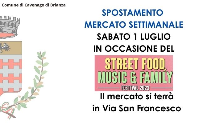 Sabato 1 Luglio il mercato viene spostato in Via San Francesco (quartiere Laggiù) in occasione dello STREET FOOD & FAMILY festival